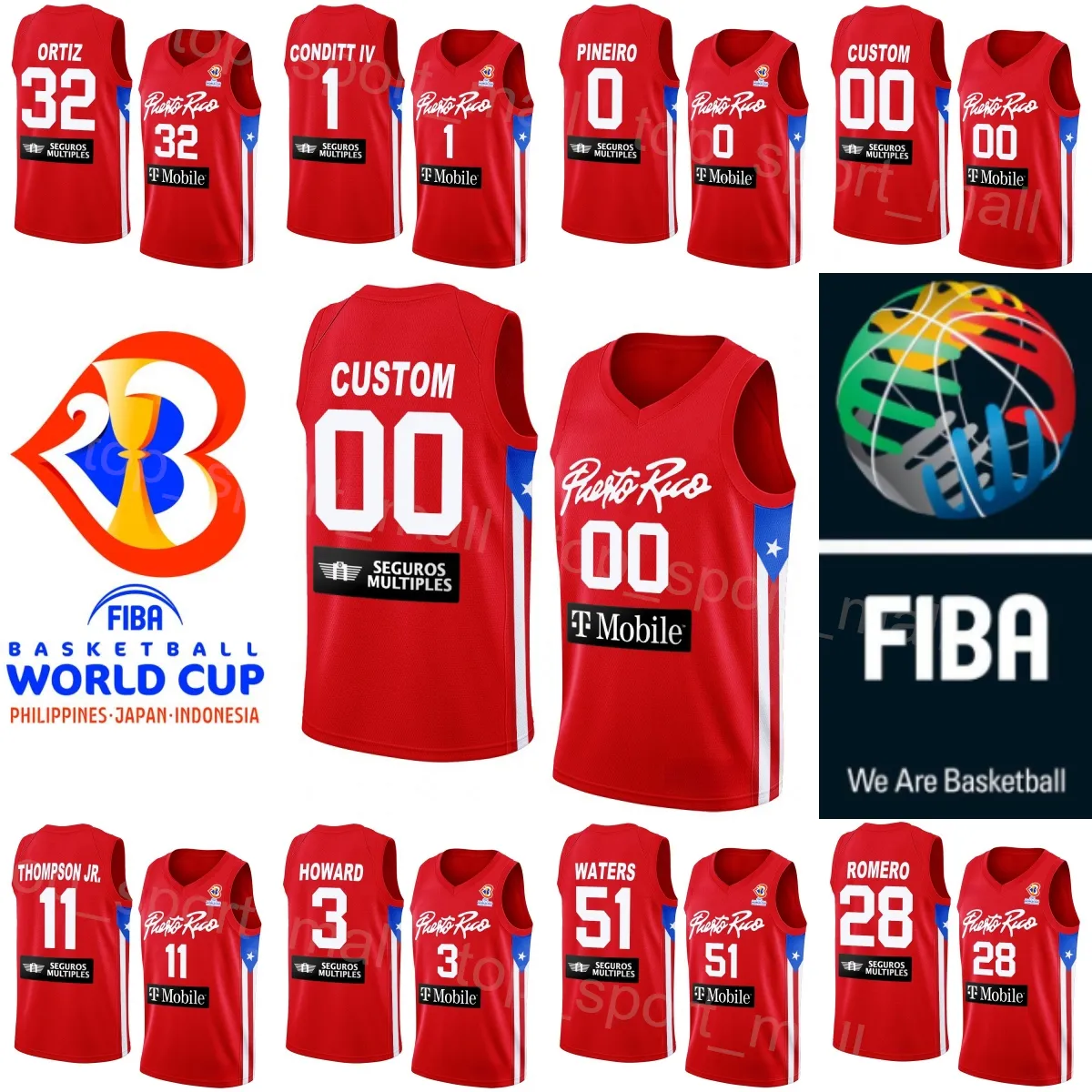 Printed Basketball 2023 World Cup Puerto Rico Jersey 51 Tremont Waters 28 Ismael Romero 1 George Conditt 11 Stephen Thompson Jr. 0 Isaiah