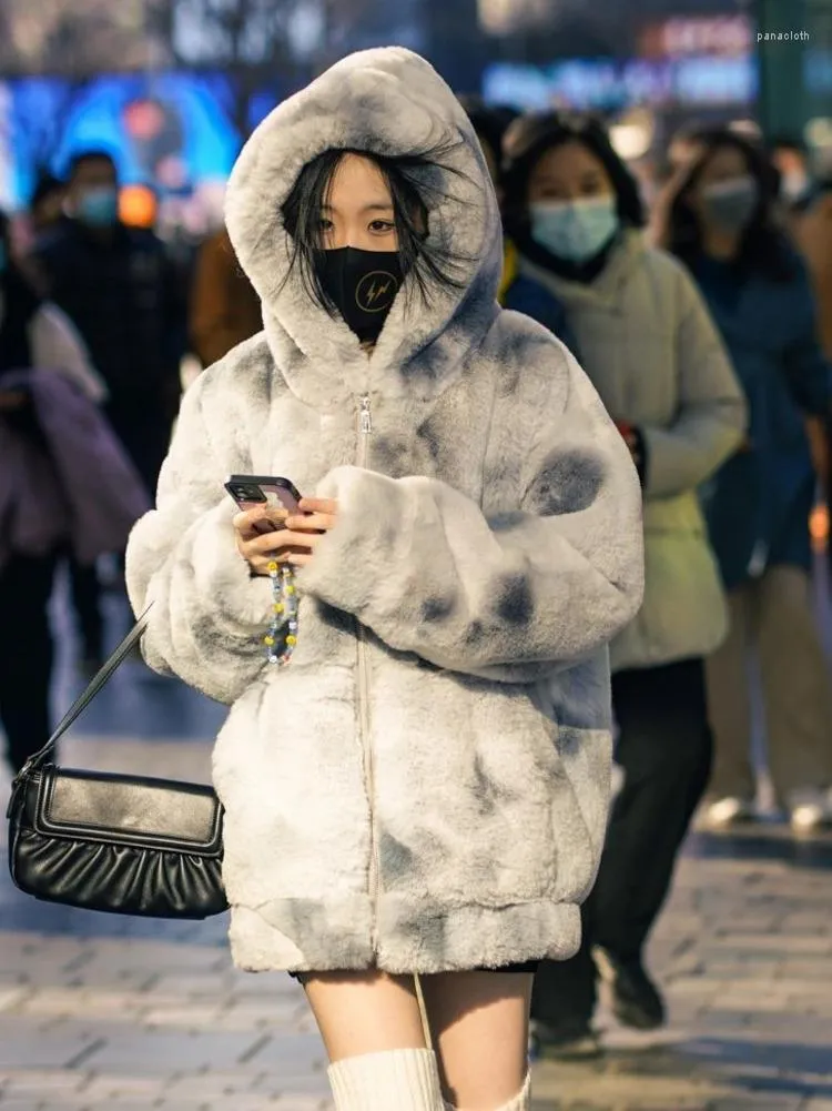 Women's Trench Coats Hooded Fur Coat For Women Winter Tie Dyed Furry Warm Loose Soft Fleece Y2k Windbreaker Oversized Jackets Chic Parkas