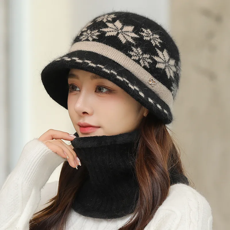 Womens Winter Bucket Hat Set With Wide Brim, Rabbit Fur Knit, And