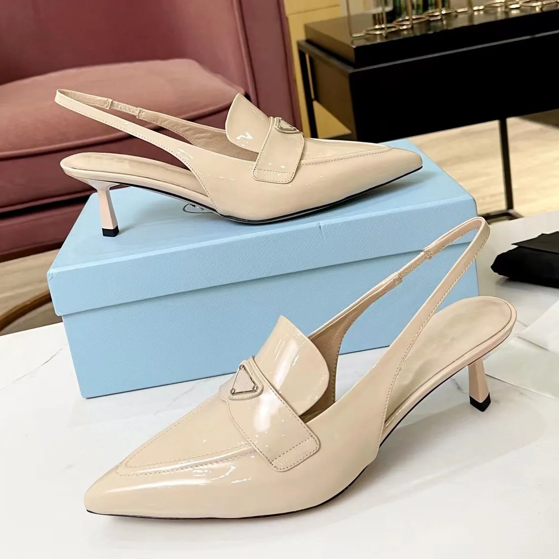 Slingbacks Kadın Ayakkabı Boş Zaman Marka Elbise Ayakkabı Kadınlar İçin 5.5cm Yüksek High Ades Deri Namlusu Ayakkabı Elastik Ayak Bileği Kayışları Boş Parti Sandalet Toka