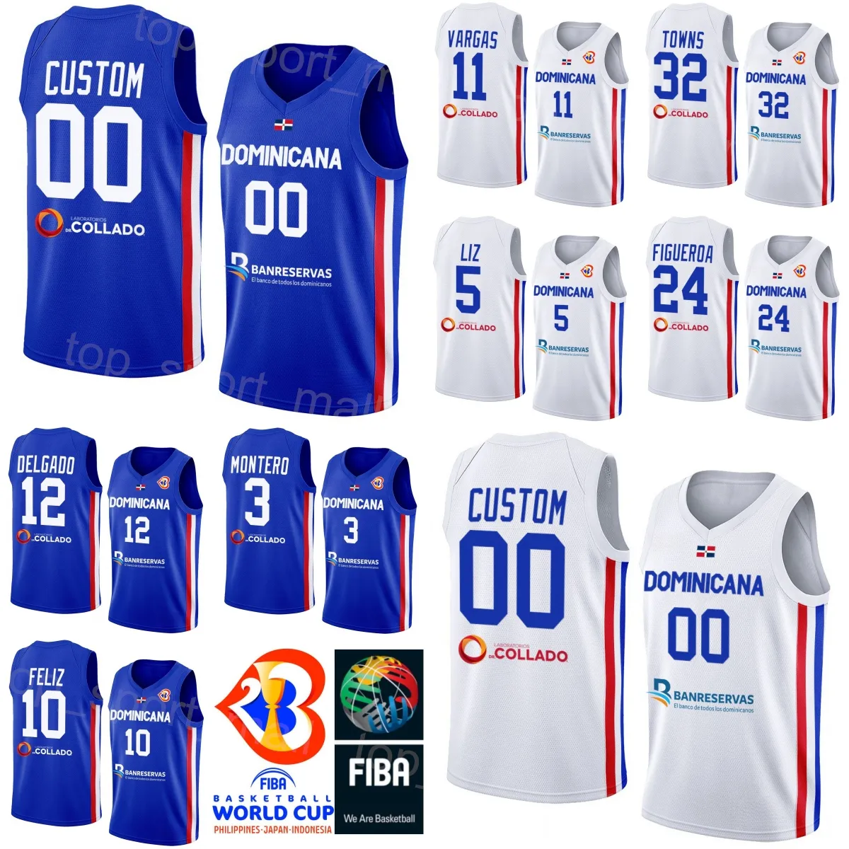 Imprimé République Dominicaine Basketball 12 Angel Delgado Jersey 24 L.J. Figueroa 25 Lester Quinones 11 Eloy Vargas 2 Rigoberto Mendoza Andres Feliz Coupe du Monde Bleu Blanc