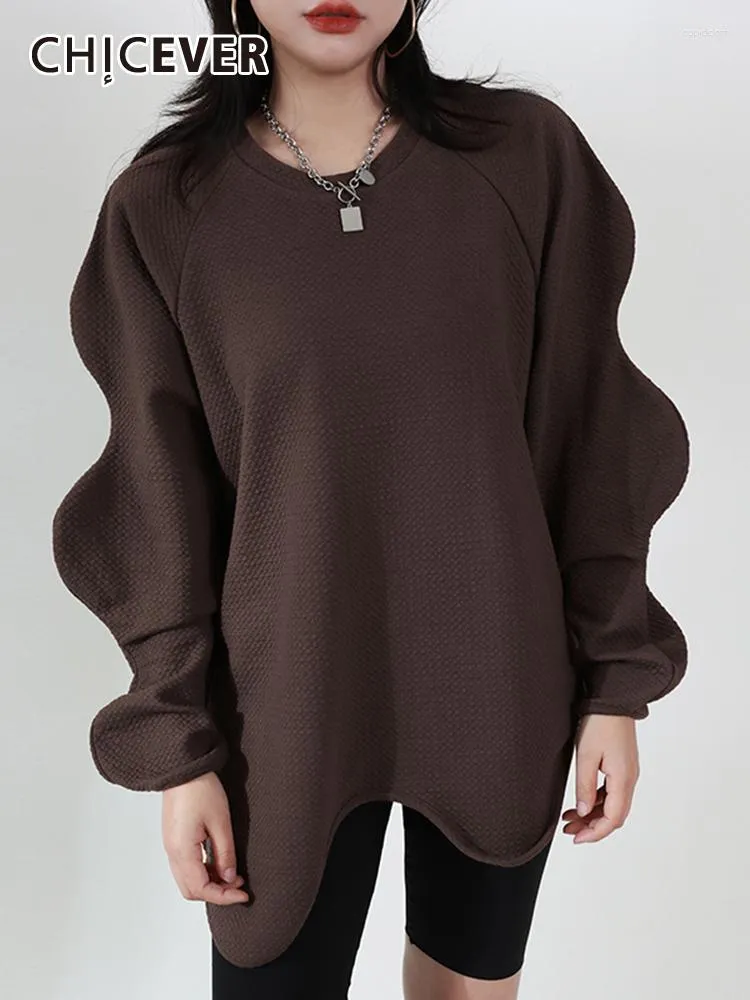 Felpe con cappuccio da donna CHICEVER Magliette coreane minimaliste per le donne Girocollo Manica lunga Orlo irregolare Solido Pullover allentato Sweatershirt