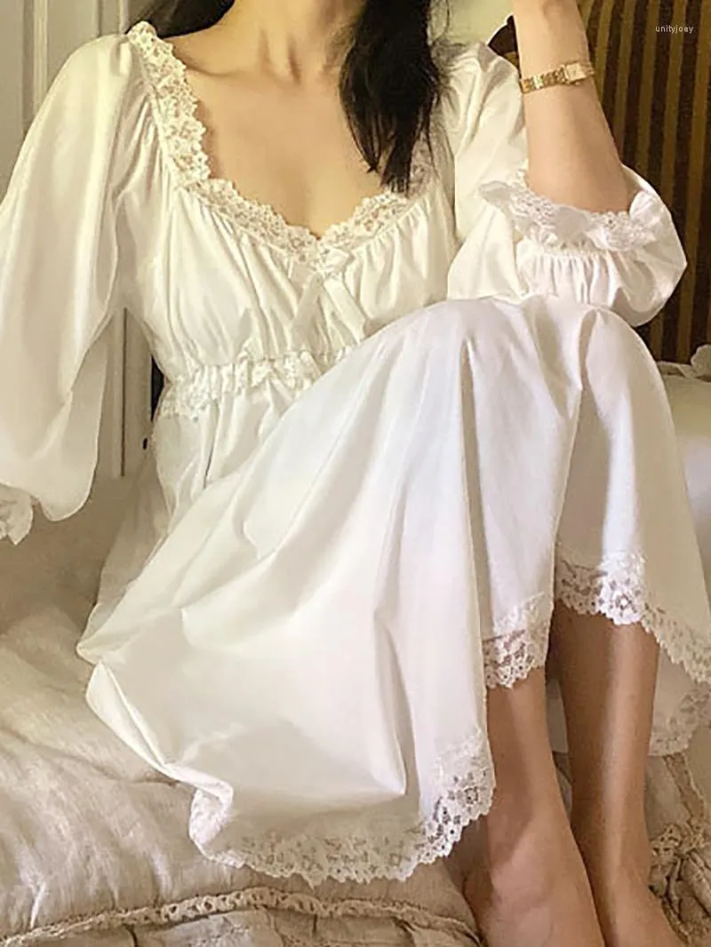 Kadın pijama kadınları saf pamuk fırfırları vintage gecelikler robe dantel peri uzun elbise Victoria prenses tatlı gece