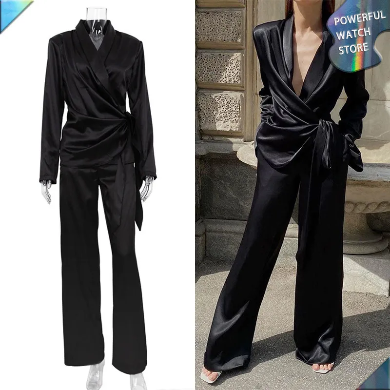 Women's Two Piece Pants Ice Silk Long Sleeve Shoulder Pad Lace Up Shirt Set Long Pants Casual Set Black Women's Casual Lazy Street Wear 230831