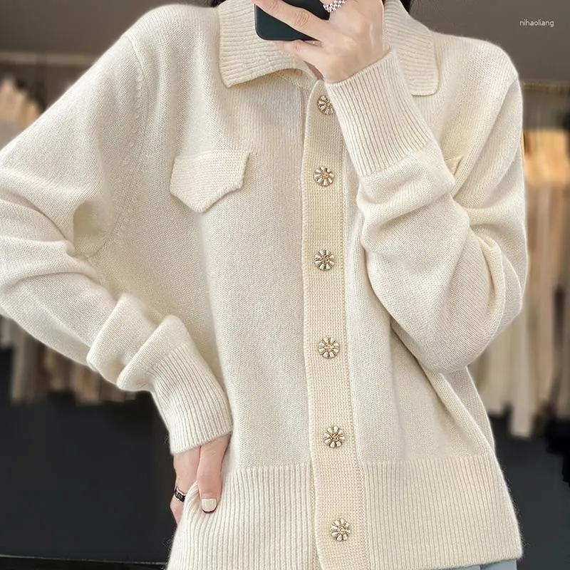 Malhas femininas outono/inverno lã cardigan polo botão suéter de cor sólida resistente ao frio roupas blusa de alto luxo