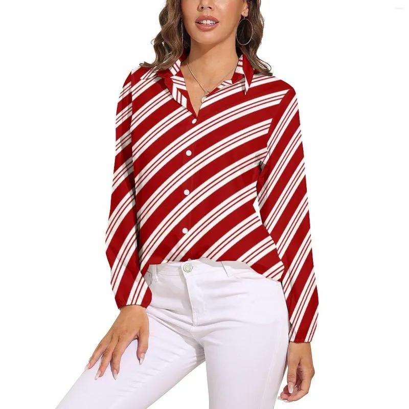 Blouses pour femmes Ligne rouge Blouse ample Noël Candy Cane Stripes Street Fashion surdimensionné femmes à manches longues chemise mignonne vêtements d'automne