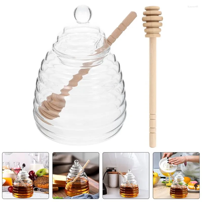 Servis uppsättningar glas honung burk container sirap dispenser burkar sylt transparent hållare trä hem hushålls kruka dekorativ förvaring praktisk
