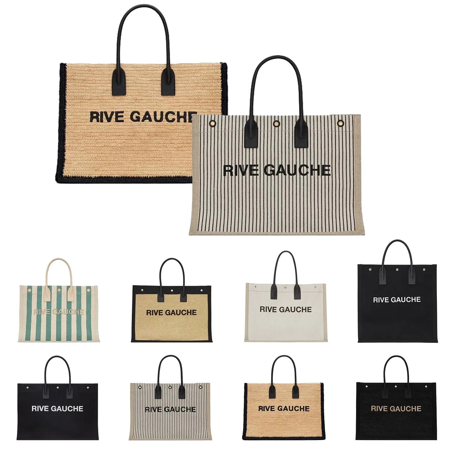 المصمم Rive Gauche Beach Tote Bag Summer Bag Bag Canvas ونسج جلدي كبير السعة اليدوية ذات الأزياء الفاخرة للتسوق حقيبة يدوية على أعلى الكليتين توتشات السفر