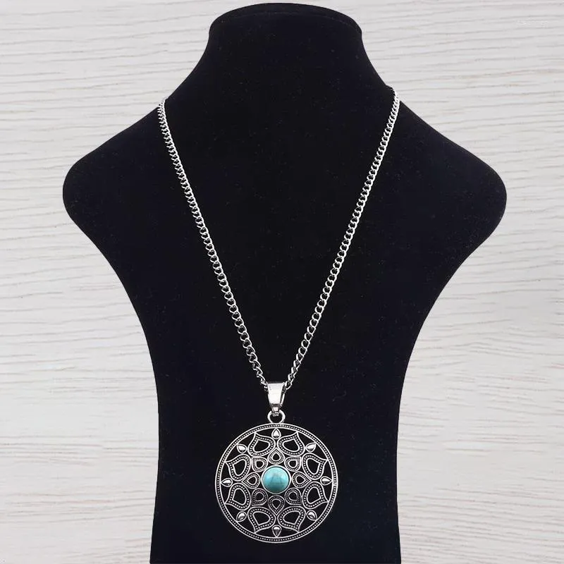 Pendant Necklaces 1 X Tibetan Silver Hollow Open Imitation Turquoises Stone Filigree Flower Necklace On Long Link Chain Lagenlook 34"