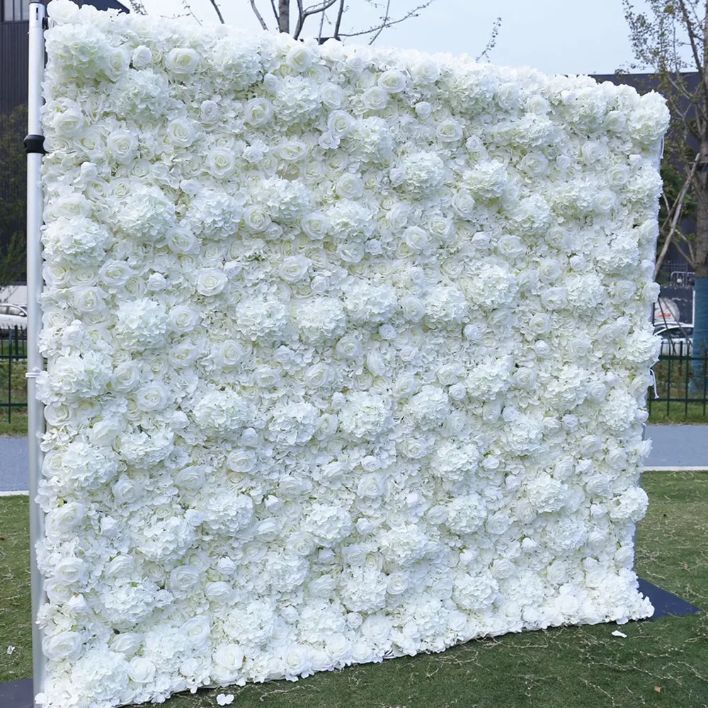 8X8FT weiße 3D-Rosenblumenwand aus aufgerolltem Stoff, künstliche Blumenarrangement für Hochzeitshintergrunddekoration