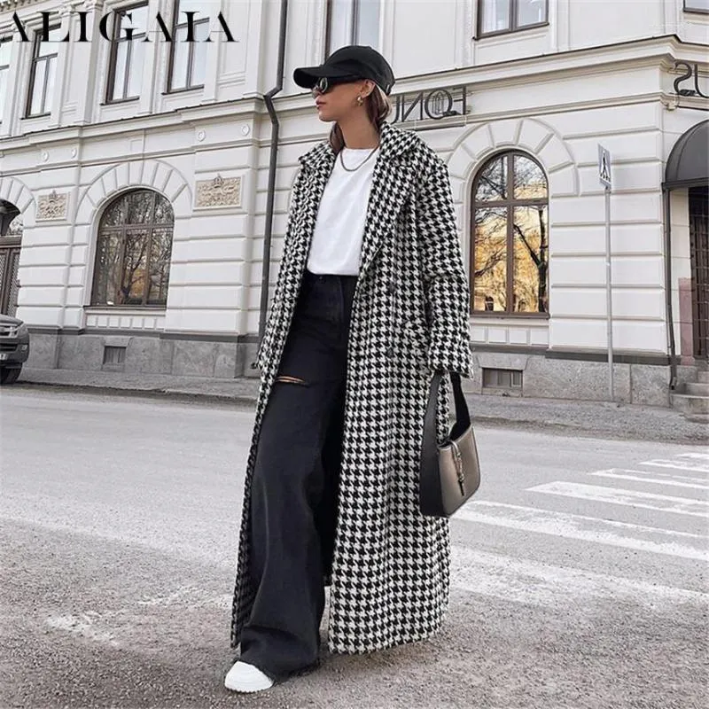 Kvinnors trenchockar Houndstooth Print Long Coat High Street Elegant Double Breasted Black White Plaid Ytterkläder Fall Winter 2023