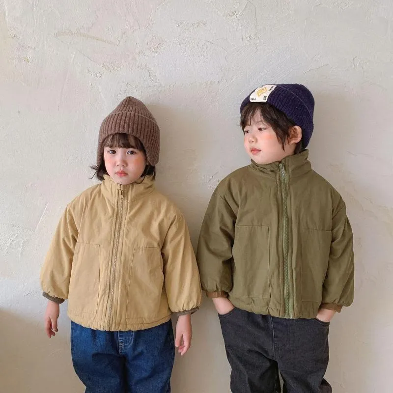 Para baixo casaco de inverno meninos e meninas simples cor sólida acolchoado gola jaquetas crianças lavado algodão casual casacos grossos