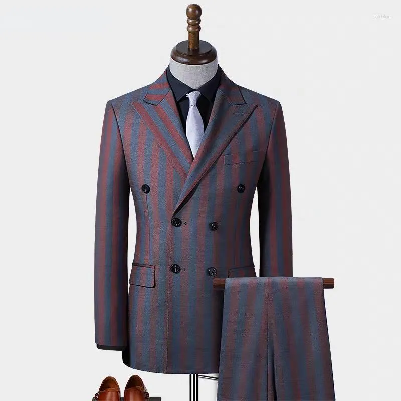 Costumes pour hommes (Blazer Pantalon) Mode Business Mariage Style britannique rayé Gentleman Slim Italien Casual Marié Hôte 2 pièces