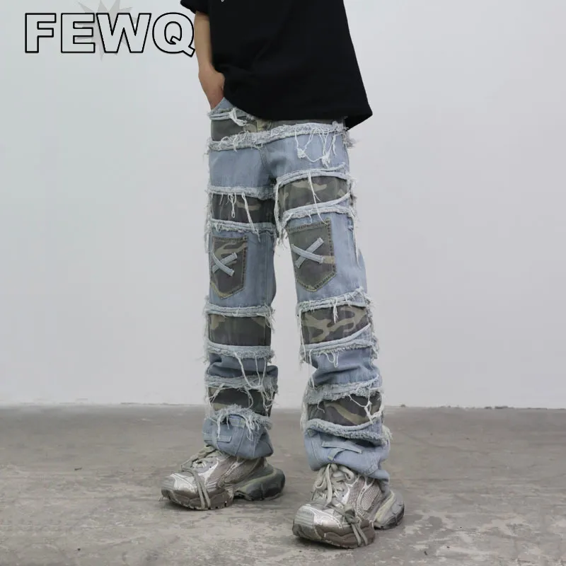 Herren Jeans FEWQ Camouflage Patchwork Gefälschte 2 stücke Grate High Street Männliche Nische Design Denim Hosen Herbst Streetwear Hose 24B3324 230831