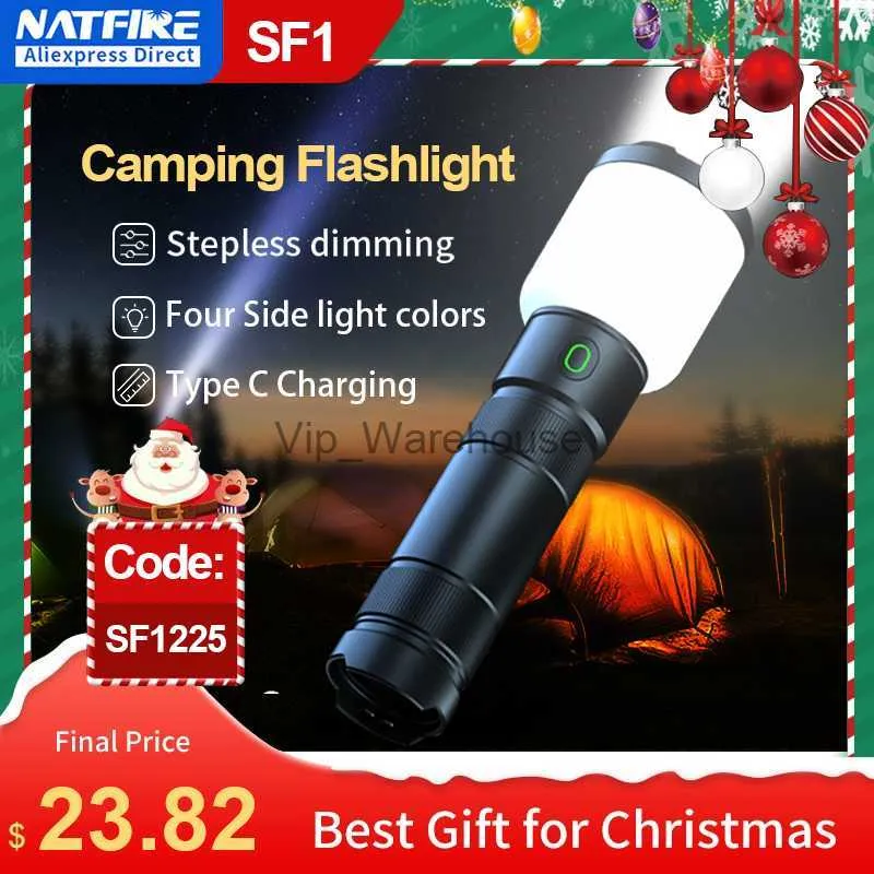 Torches Natfire Outdoor LED 캠핑 램프 손전등이있는 충전식 손전등 4 컬러 2 in 1 휴대용 강력한 밝은 손전등 SF1 HKD230901