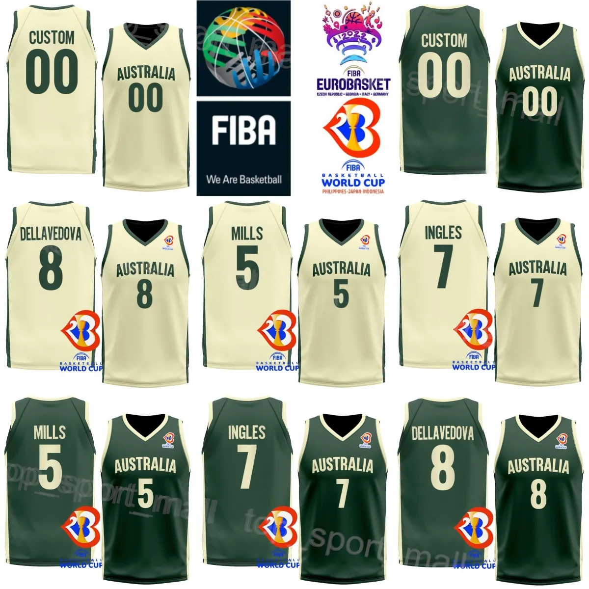 Imprimir 2023 Copa do Mundo de Basquete Austrália Jersey 5 Patty Mills 3 JOSH GIDDEY 15 NICK KAY 12 Xavier Cooks 7 Joe Ingles 11 DANTE EXUM Seleção Nacional FIBA Camisa Verde Amarelo