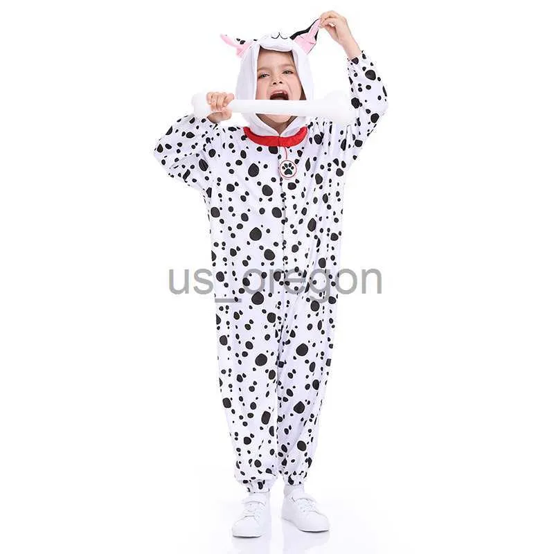 Casa Roupas 101 Dálmatas Traje Crianças Unissex Spotty Dog Macacão Halloween Animal Filhote de Cachorro Pijama Onesies Carnaval Cosplay para Crianças X0902