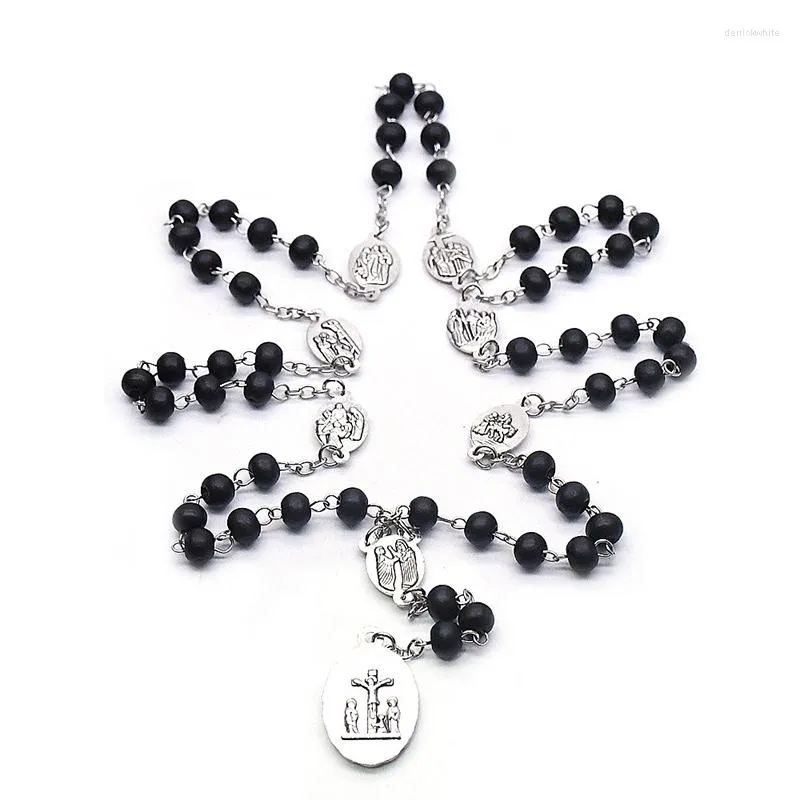 Pendentif Colliers Catholique Religieux Notre-Dame Christ Jésus Médaille Perles De Prière Noire Chaîne Saint Sept Douleurs Rosaire Collier Chaplet Bijoux