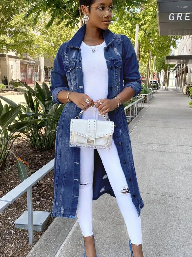 Vintage Ripped Denim Long Denim Trench Coat For Women Autumn