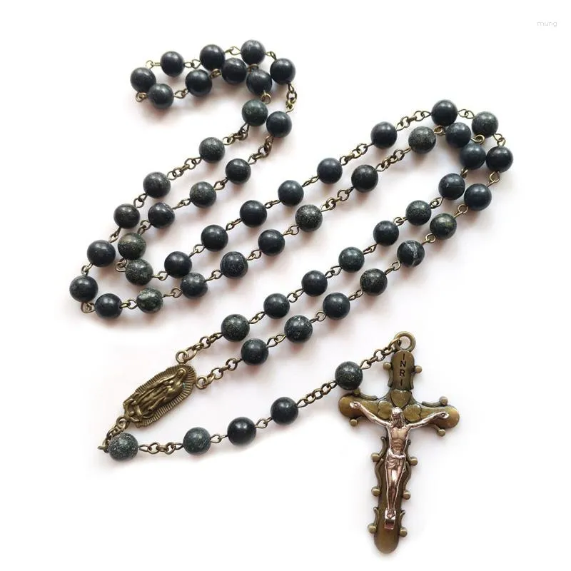 Anhänger Halsketten QIGO Vintage Katholischer Rosenkranz Grüner Stein Kreuz Halskette Religiöser Gebetsschmuck
