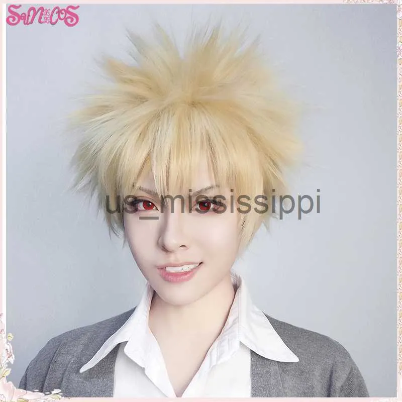 Cosplay peruker min hjälte akademi bakugou katsuki cosplay peruks anime hår kort guld manlig hår värme resistent syntetisk halloween gratis peruk cap x0901