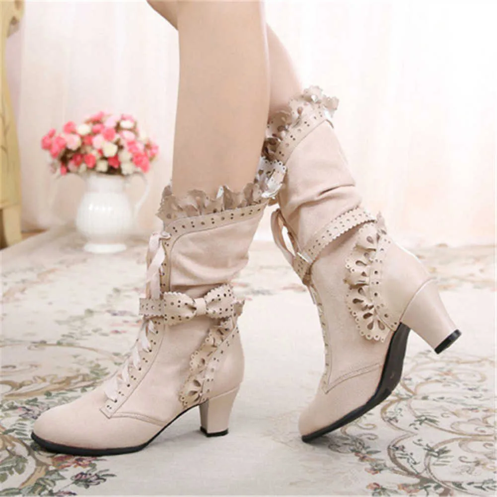 Brand New Big Sweet Bow Ruffles Med Heels Shoemaker Gothic Lolita Style Mid Calf Boots Women Shoes 230821