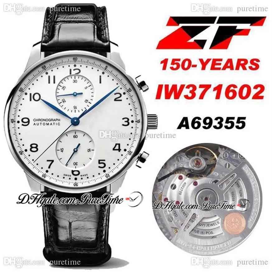 2021 ZFF Chronographe Édition 150 ANS 371602 Édition Cadran Blanc A96355 Automatique Chrono Montre Homme Cuir Noir 225l