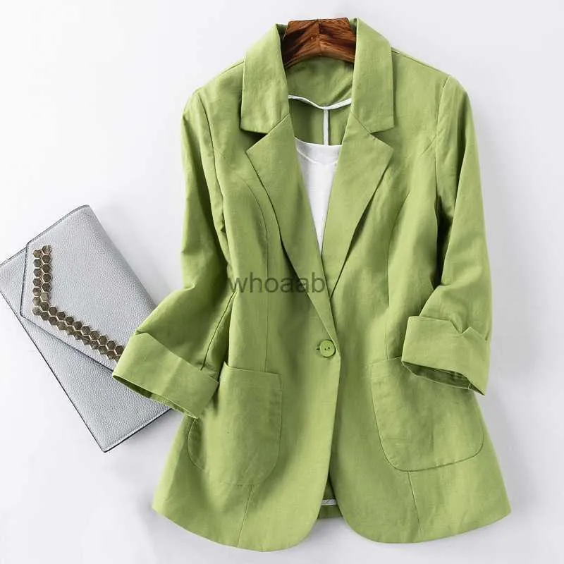 Chaqueta Blazer de lino de algodón para mujer, prendas de vestir de verano, chaqueta con muescas de un solo botón sólido de alta calidad, Top de manga tres cuartos HKD230901