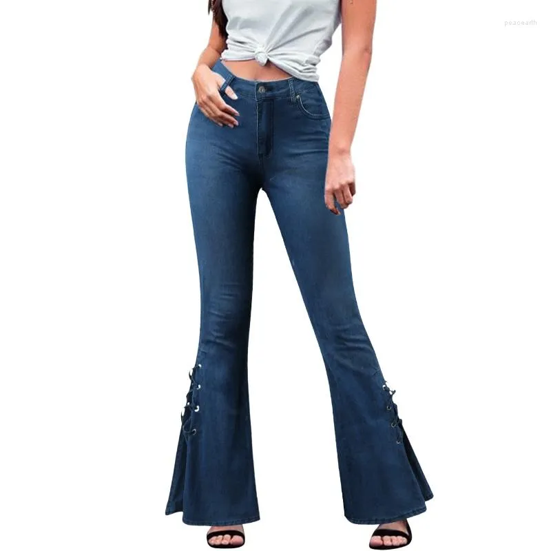 Kvinnors jeans mode kvinnor blossade mid-midjare snörning denim byxor avslappnade byxor höst streetwear stretch damer mager