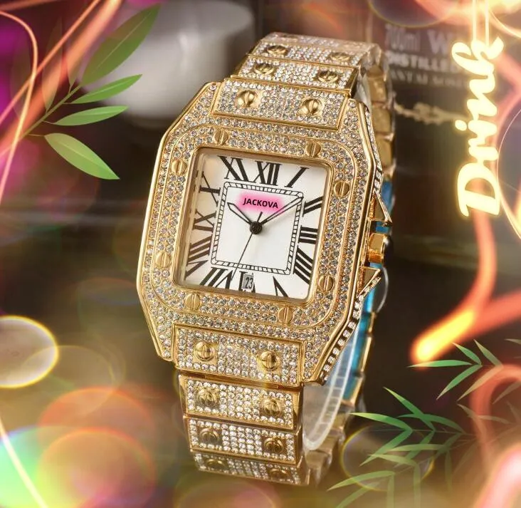 Moda Roman Number Square oryginalny zegarek skórzany kobiety mężczyźni różowe złoto srebrne lodowe datę pełne diamenty pierścień kwarcowy bateria super łańcuch bransoletka zegarki
