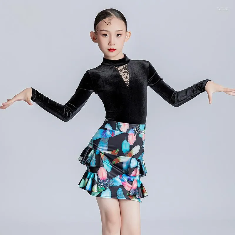 Stage Wear Children'S Latin Dancing Clothes Black Velvet Top Cake Skirts For Girls Ballroom Dance Competition Clothing Practice SL7637