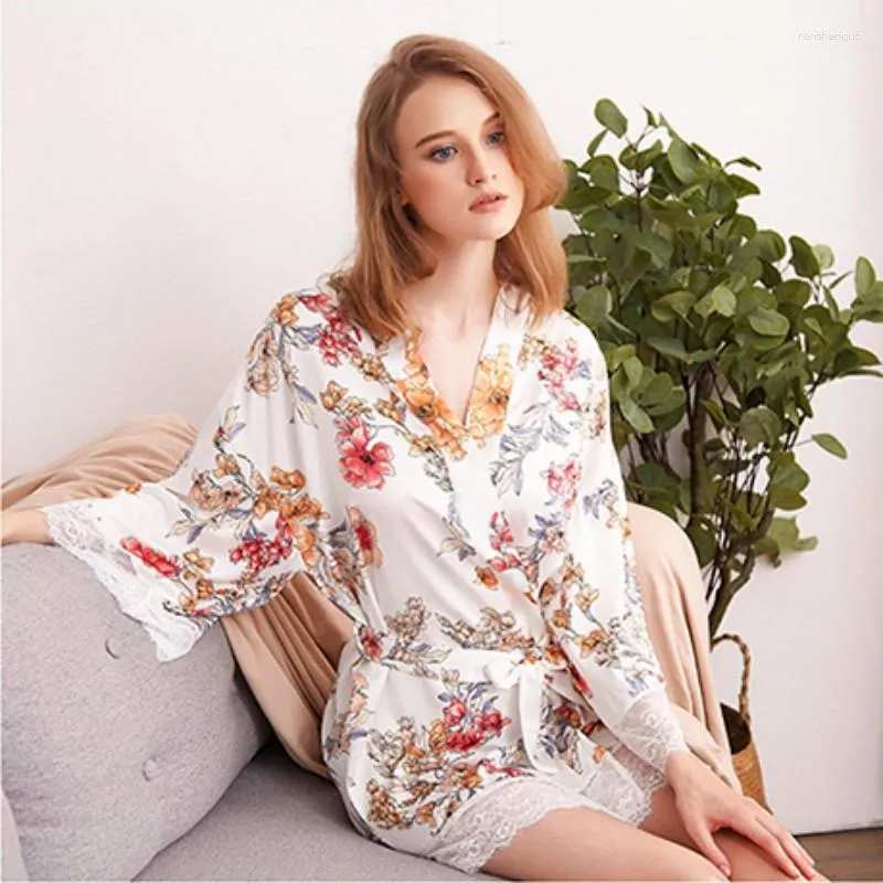 Damska odzież sutna seksowna poranna szata imitacja jedwabna koszulka nocna piżama wiosna jesienna moda kwiat nadrukowane szlafroki domowe ubrania domowe