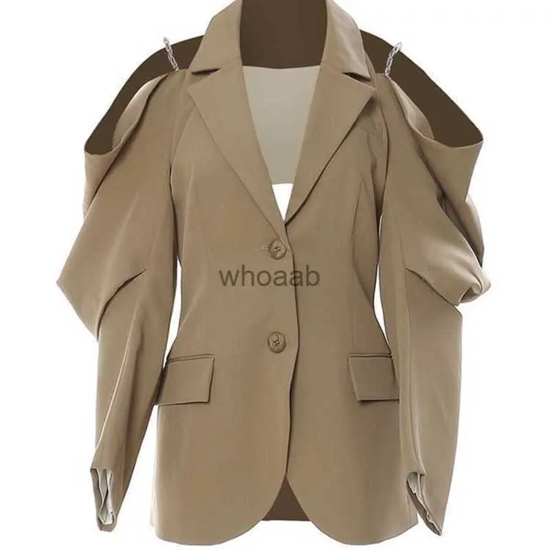 Blazer grande taille pour femmes, épaules dénudées, chaîne, manches longues, revers, coupe ample, mode Tide, printemps automne 2023, 1DE9885 HKD230901