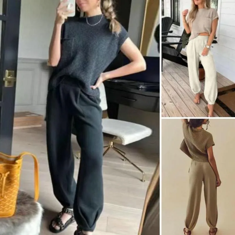 Calças femininas de duas peças casual solto ajuste calças conjunto elegante malha cintura alta sweatpants com bolsos para a primavera outono