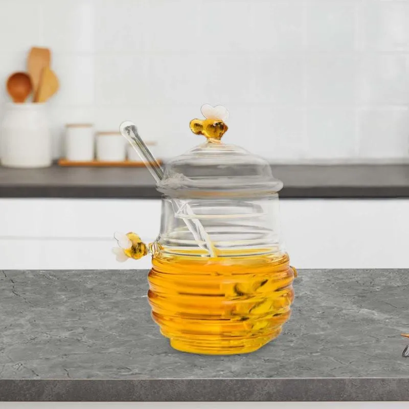 Bouteilles de stockage Pot de miel avec trempette et couvercle, Pot d'abeille, ruche en verre pour la cuisine domestique