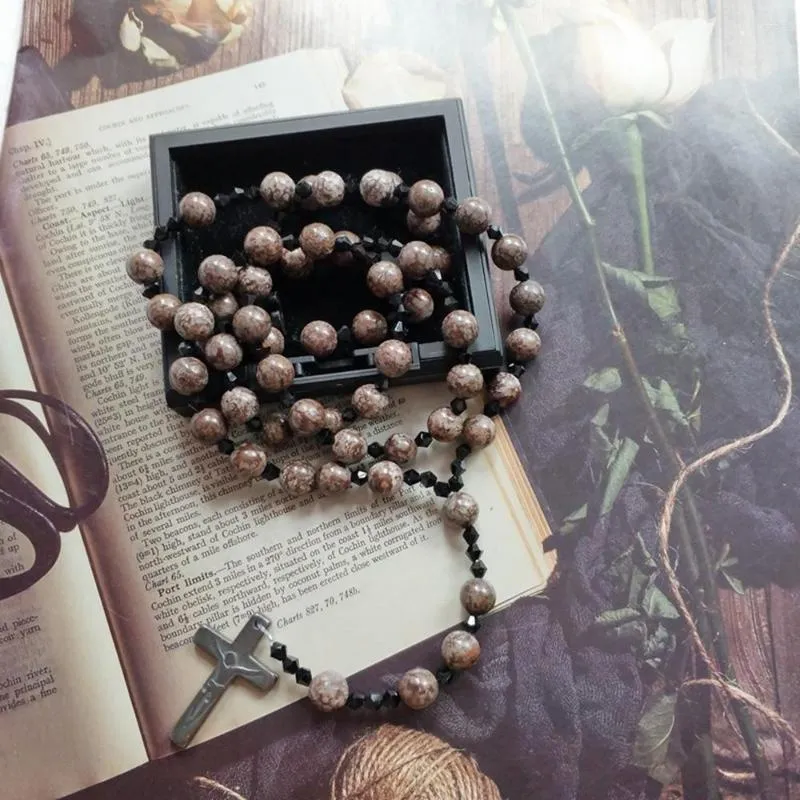 Pendant Necklaces Diyalo Coffee Snowflake Stone Prayer Beads Chain Gray Hematite Crucifixion Cross Rosary Necklace Chaplet Baptism Jewelry