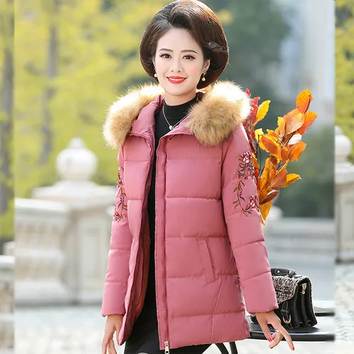 Embroidered Thickened Winter Coat For Women Padded Fur Lined