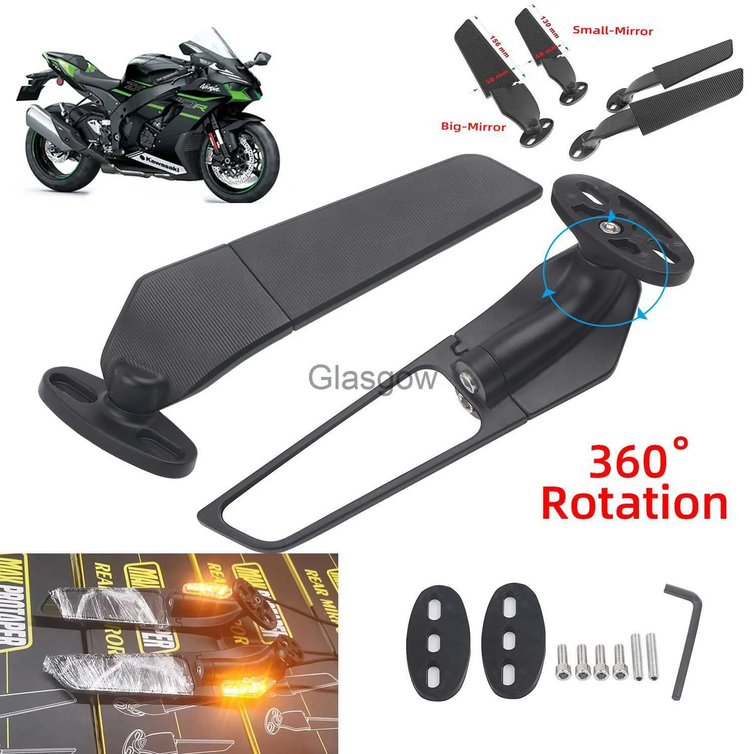 Kawasaki için Motosiklet Aynaları ZX10R ZX9R ZX7R ZX6R ZX636 ZX12R ZX14R Motosiklet Aynası Modifiye Rüzgar Kanadı Ayarlanabilir Döndürülebilir Diken Bakış Aynası X0901