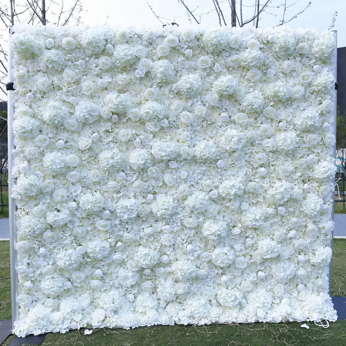 8X8FT White 3D Rose Flower Wall Made With Fabric Rolled Up Artificial Flowers Arrangement For Wedding Backdrop Decoration