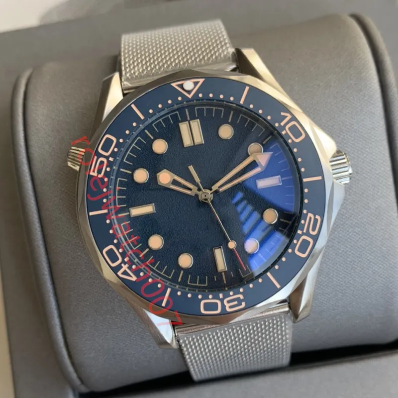 007 Herenhorloge 41MM Automatische mechanische designerhorloges Blauwe wijzerplaat met roestvrijstalen armband Draaibare lunette Transparante horloges Achterkant jason007