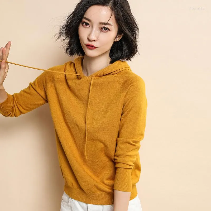 Maglioni da donna Arrivo Primavera Maglione giallo sottile da donna Pullover allentato per ragazze coreane con cappuccio Dolce e carino Top da donna Maglieria casual