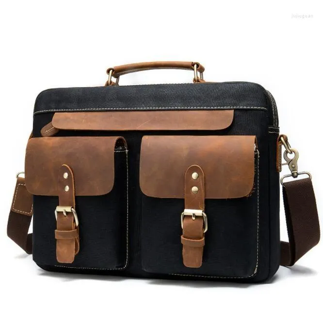 Briefcases 2 Pockets 14" Canvas Briefcase Mutilfunction Shoulder Bag Laptop Black Brown Women Men Male Tote