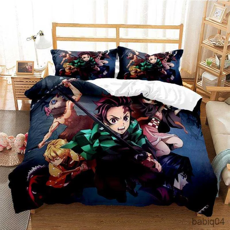 Conjuntos de cama Demon Slayer Quilt Cover Caso Cama de Três Peças Conjunto Multi Tamanho Quilt Cama Consolador Conjunto Capa de Edredão Anime Conjuntos de Cama R230901