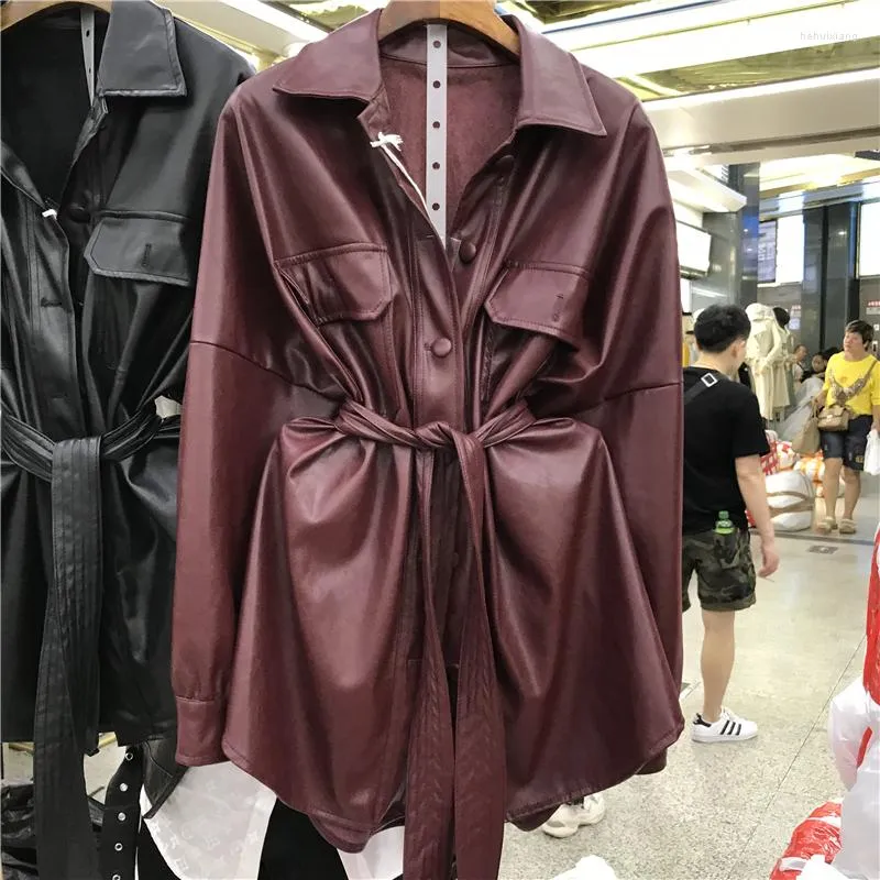 Women's Leather 2023 Spring Autumn Lapel Long Sleeve Wine Red Pu Belt Loose Casual Jacket Women Coat Streetwear Fashion