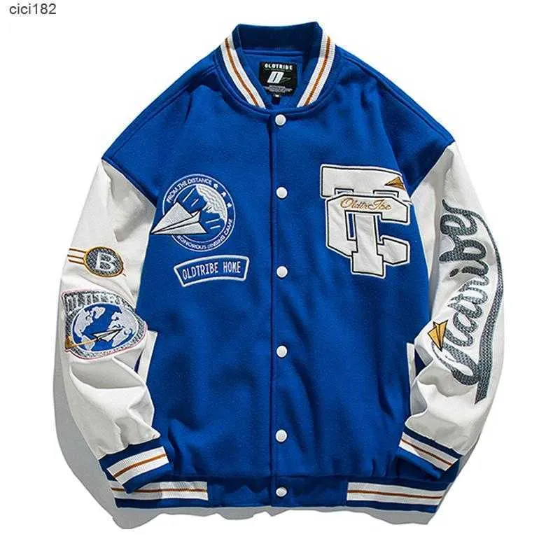 Herenjassen Blauw Bomberjack Heren Vintage Leren Mouw Varsity Baseball Jassen Dames Oversize Letterman Losse Herfst Uniformmen'sZFU1