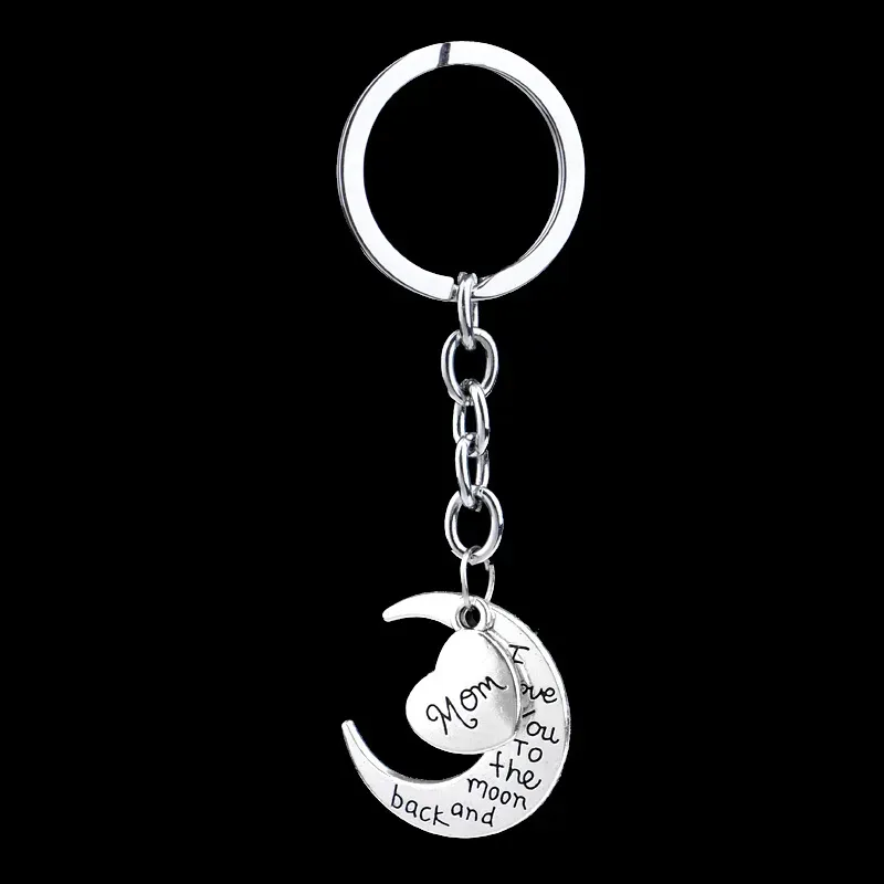 Moon Heart Keychains Letters Keyrings Silver Car Key Chain Rings Holder Fashion Pendant Jewelry Gift for Mom Dad Brother Sister Uncle Family