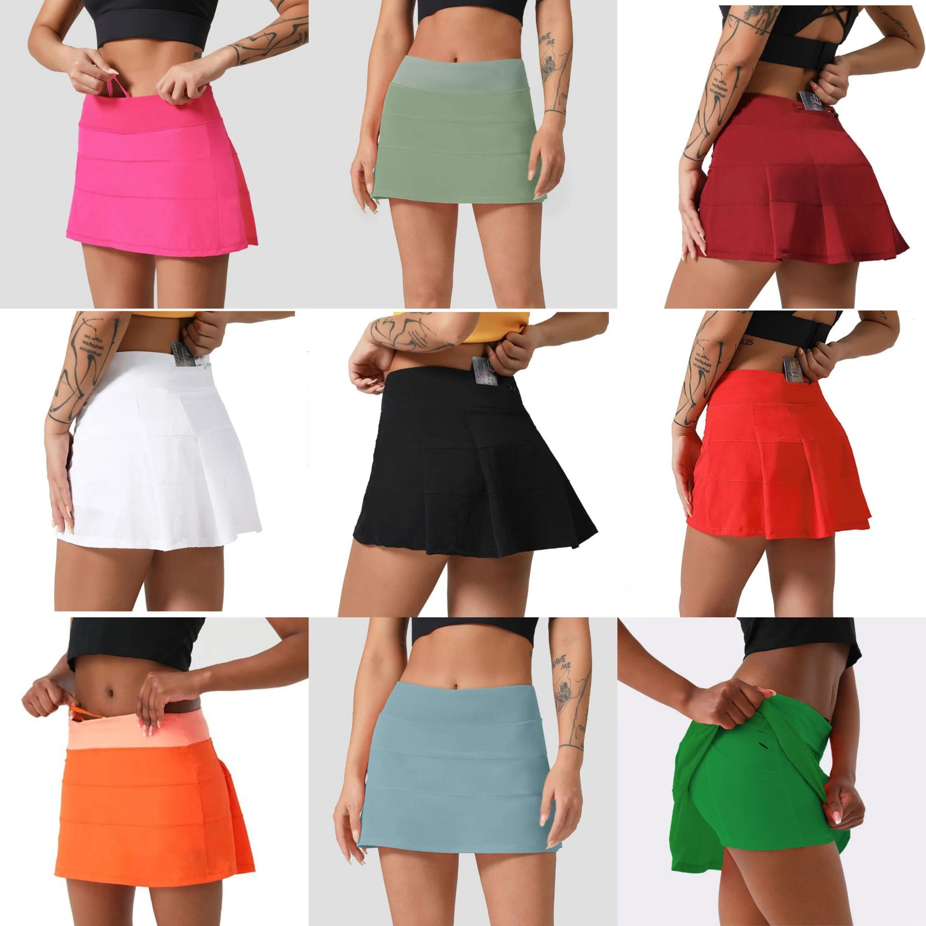 Lu Women Sports Yoga Jains Torts Shorts Zipper Pleated Tennis Golf Skirt anti التعرض للتنورة قصيرة مع جيب