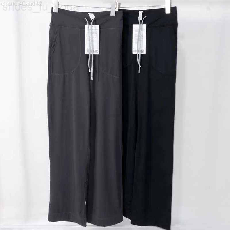 LUYoga Pantalons de survêtement pour femmes Pantalons amples à jambes larges Cloud Sense High Spring Pull Rope Lady Pocket Flared Docker Pantsl LU Throwback Still Black Grey Sportswear