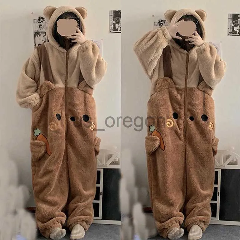 home clothing Cartoon Fleece Pyjama Flannel Anime Onesie Adults Animal Pajamas Set Women Men Warm Winter Bear Sleepwear Cosplay Halloween x0902