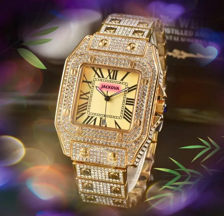 Miłośnicy Square Roman Tank Clock zegar Zegarek luksusowy moda krystaliczne diamenty pierścień obudowy mężczyzn kobiety kwarcowe bateria super pełna lodowana bransoletka na rękę montre de lukse